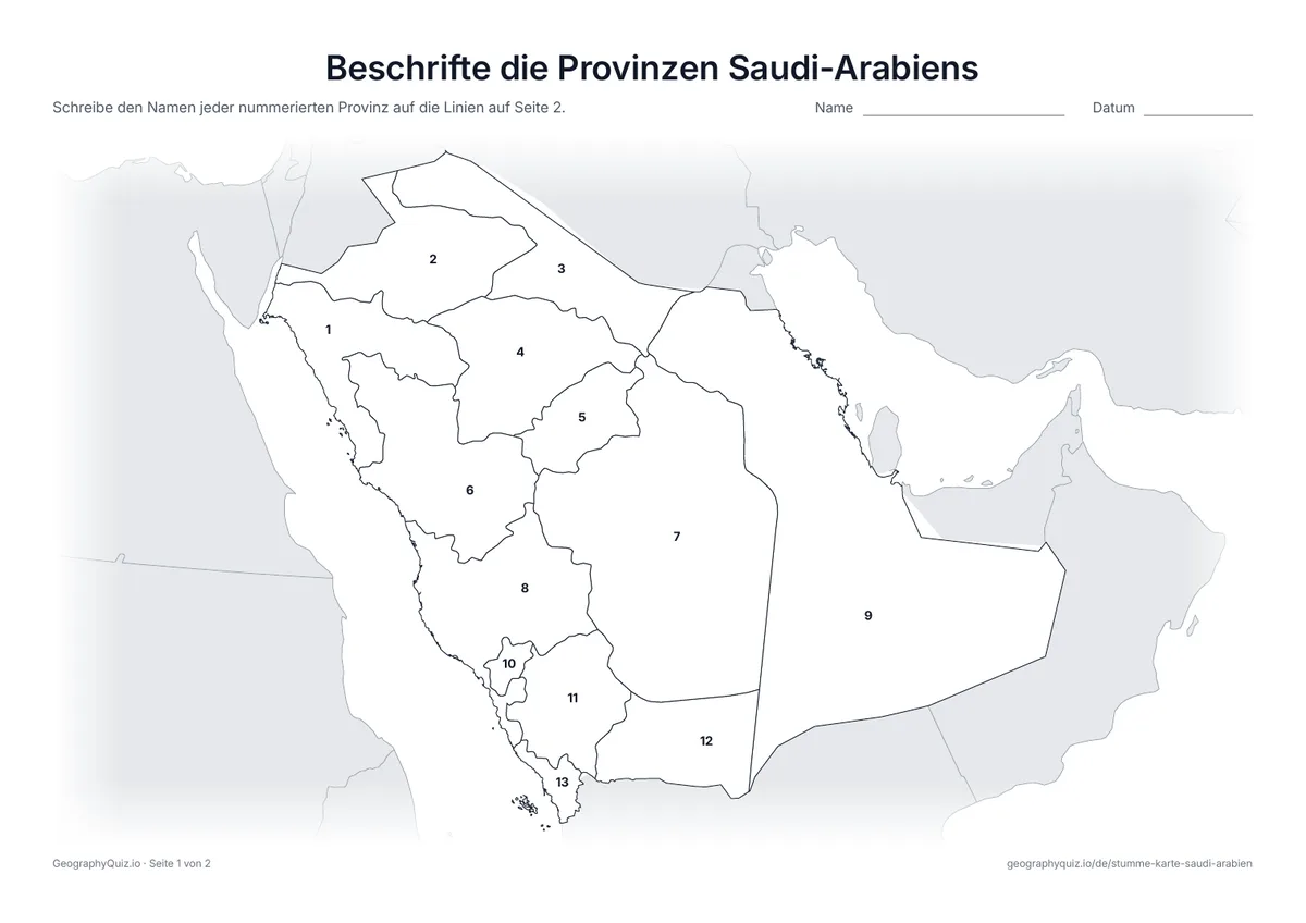 Vorschau des Arbeitsblatts „Beschrifte die Provinzen Saudi-Arabiens“ zum Ausdrucken