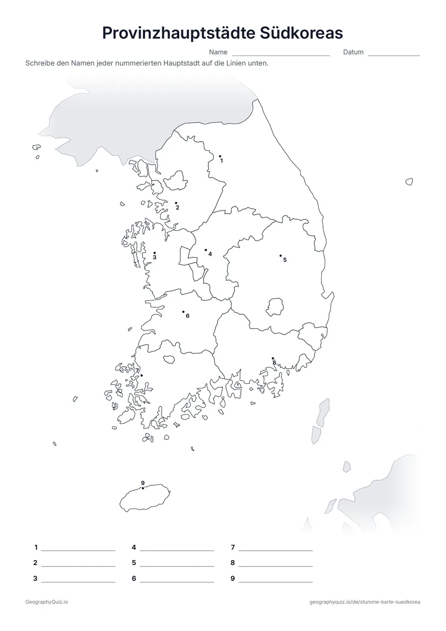 Vorschau des Arbeitsblatts „Provinzhauptstädte Südkoreas“ zum Ausdrucken