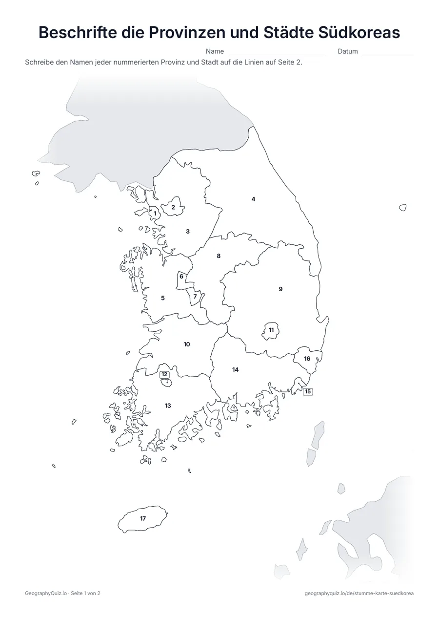 Vorschau des Arbeitsblatts „Beschrifte die Provinzen und Städte Südkoreas“ zum Ausdrucken