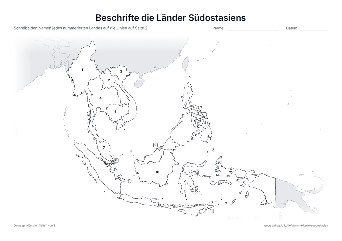 Vorschau des Arbeitsblatts „Beschrifte die Länder Südostasiens“ zum Ausdrucken
