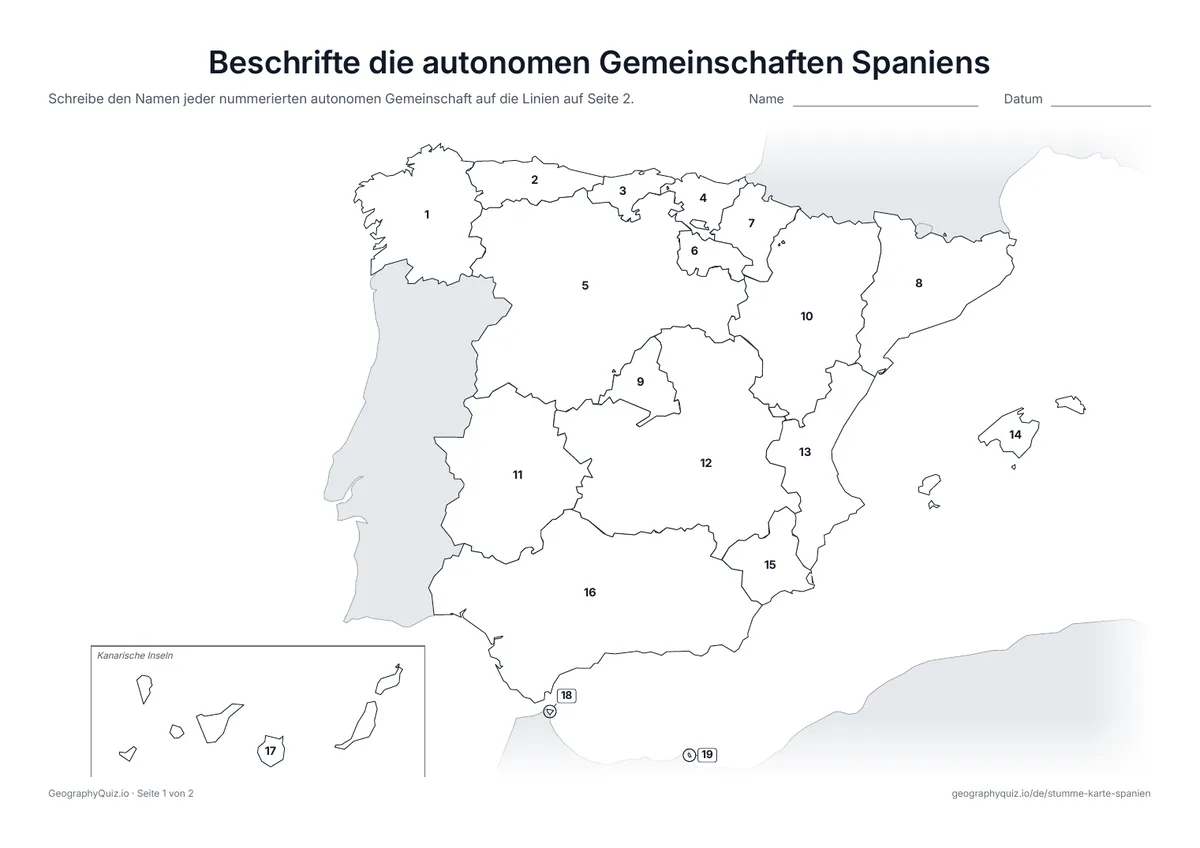Vorschau des Arbeitsblatts „Beschrifte die autonomen Gemeinschaften Spaniens“ zum Ausdrucken