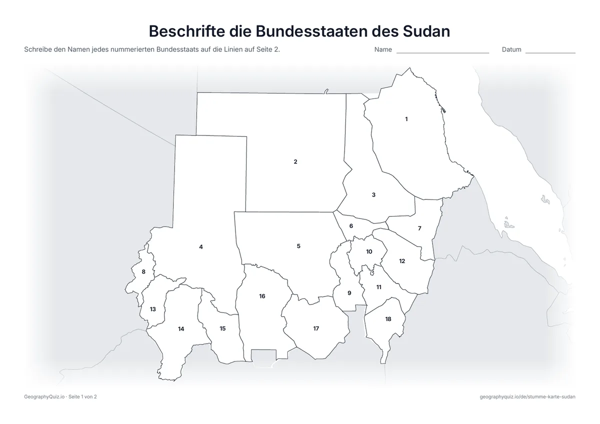 Vorschau des Arbeitsblatts „Beschrifte die Bundesstaaten des Sudan“ zum Ausdrucken