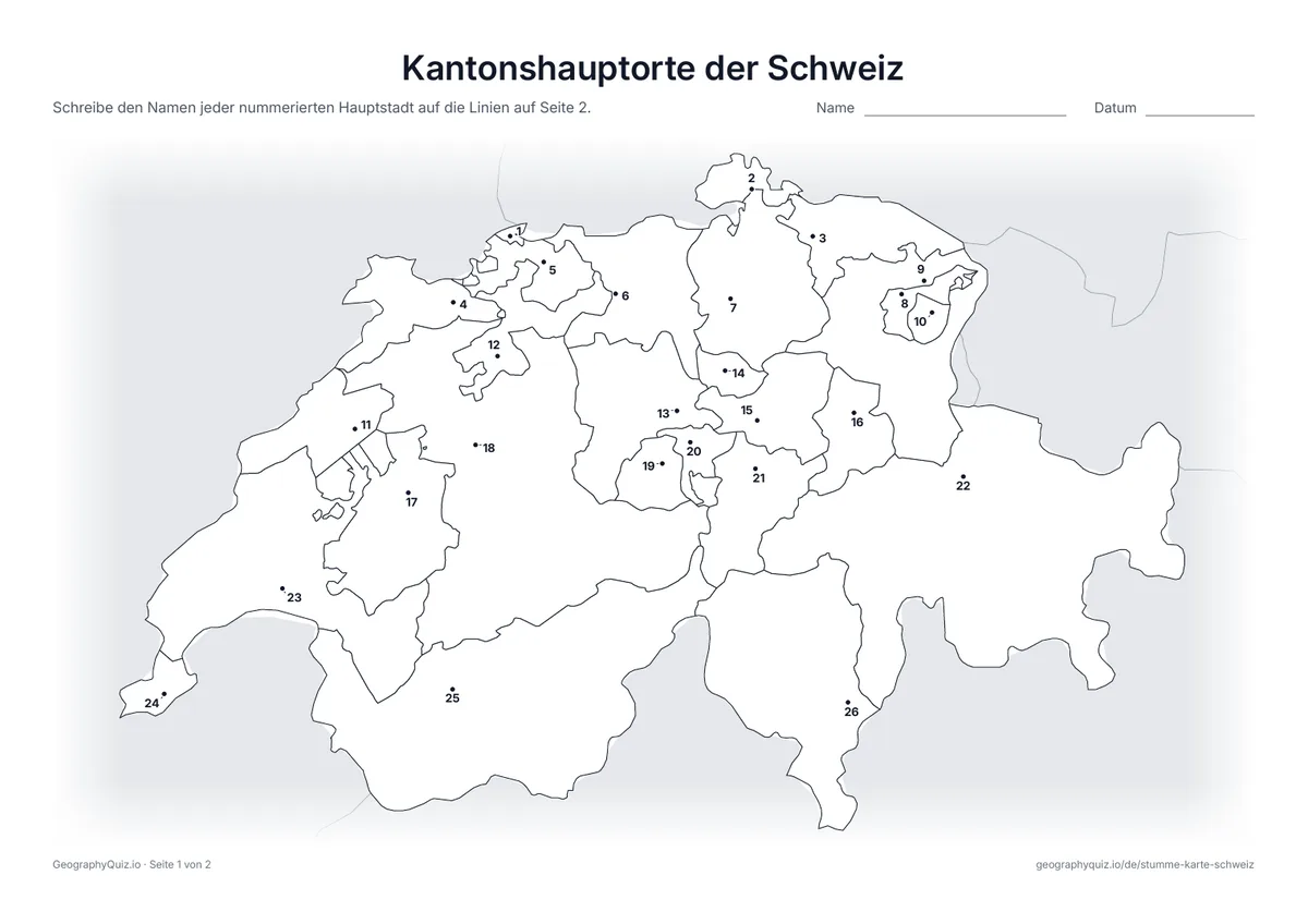 Vorschau des Arbeitsblatts „Kantonshauptorte der Schweiz“ zum Ausdrucken
