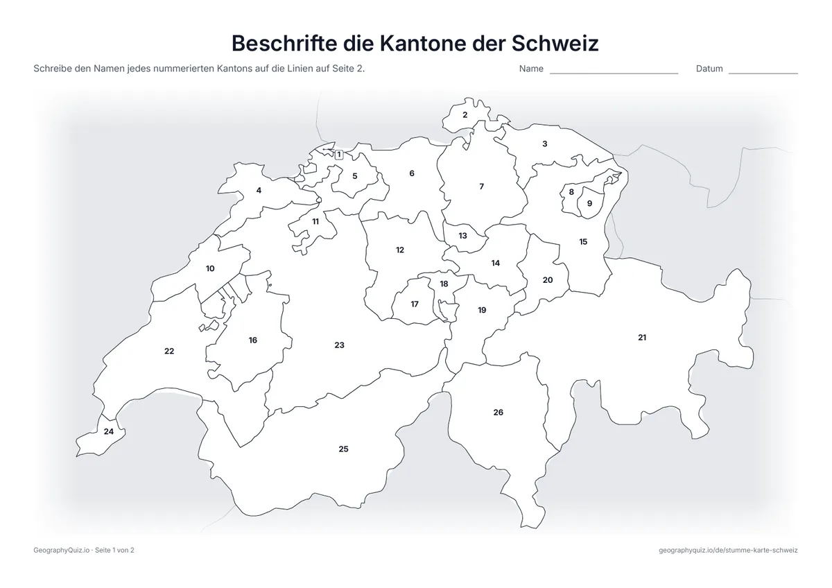 Vorschau des Arbeitsblatts „Beschrifte die Kantone der Schweiz“ zum Ausdrucken