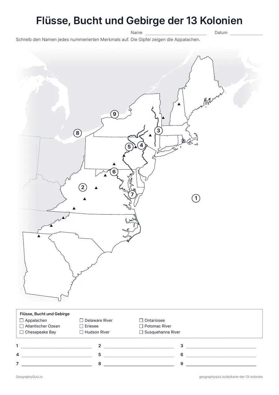 Vorschau des Arbeitsblatts „Flüsse, Bucht und Gebirge der 13 Kolonien“ zum Ausdrucken: Atlantik, Appalachen, Hudson, Delaware, Susquehanna und Potomac, die Chesapeake Bay und zwei Große Seen, nummeriert zum Beschriften