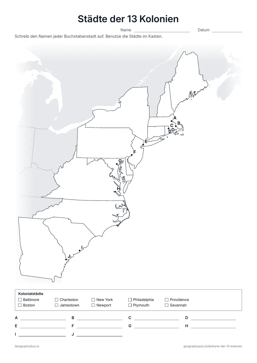 Vorschau des Arbeitsblatts „Städte der 13 Kolonien“ zum Ausdrucken: Zehn Buchstabenpunkte markieren Jamestown, Plymouth, Boston, New York, Philadelphia, Charleston und weitere Kolonialstädte