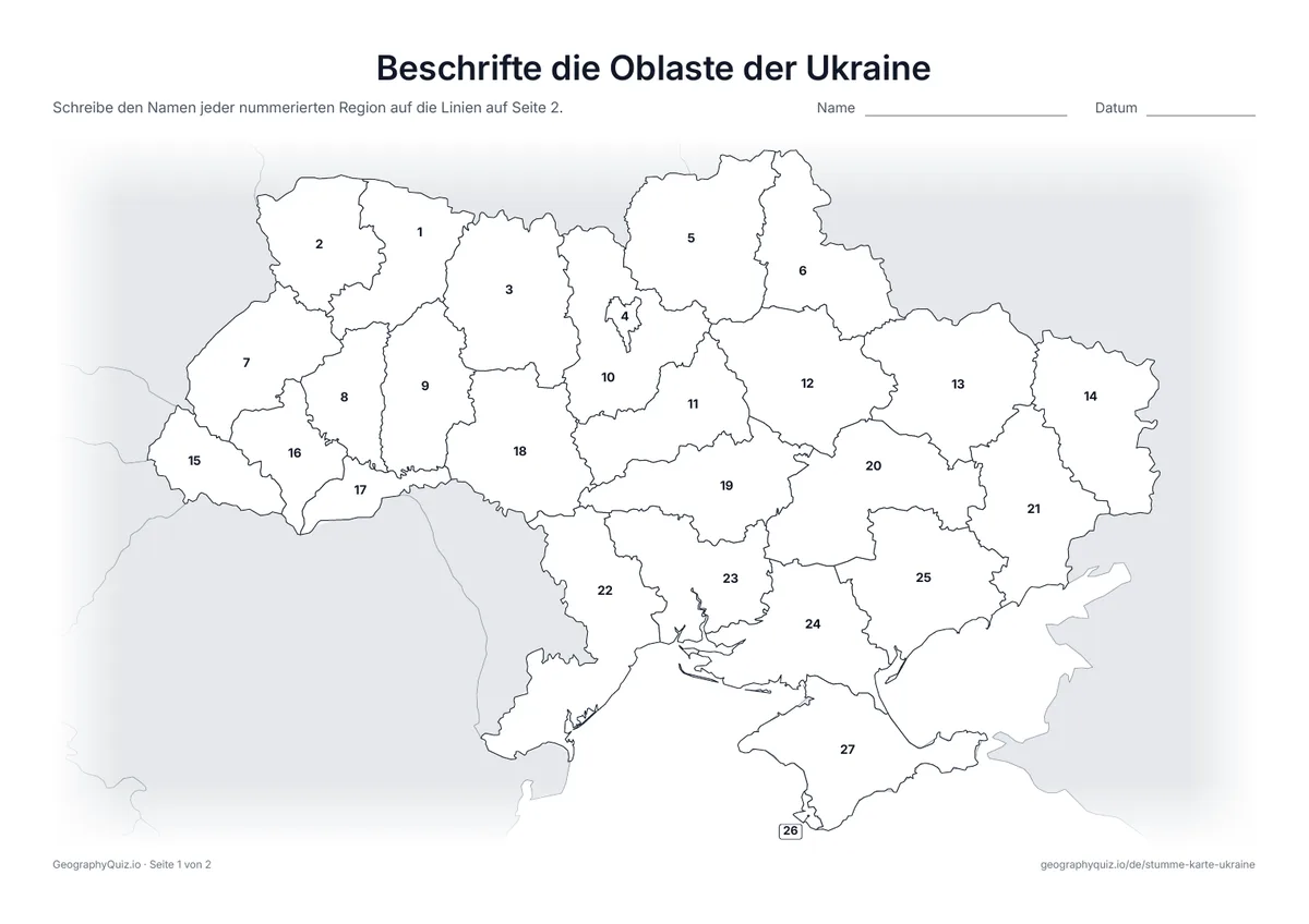 Vorschau des Arbeitsblatts „Beschrifte die Oblaste der Ukraine“ zum Ausdrucken