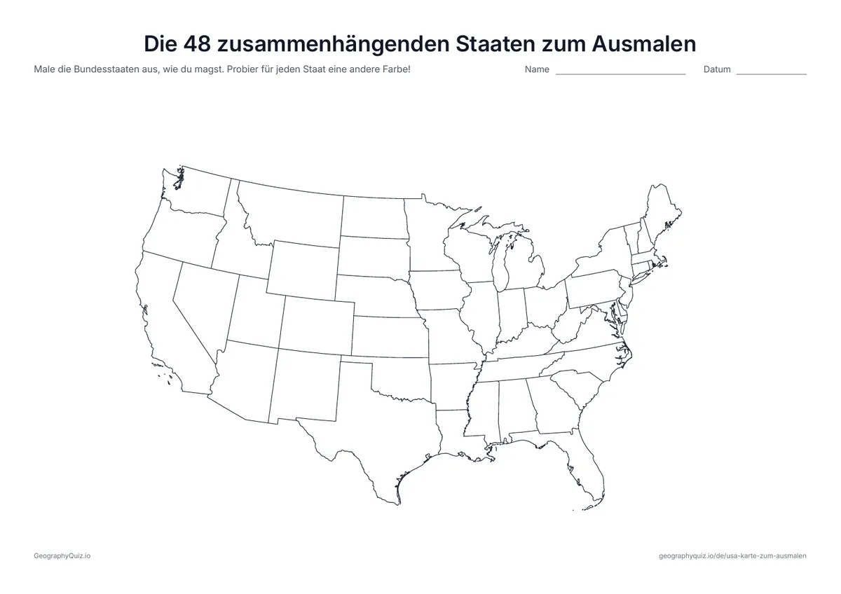Vorschau des Arbeitsblatts „Die 48 zusammenhängenden Staaten zum Ausmalen“ zum Ausdrucken: Die 48 zusammenhängenden Bundesstaaten groß auf der Seite, ohne Alaska und Hawaii – mehr Platz zum Ausmalen