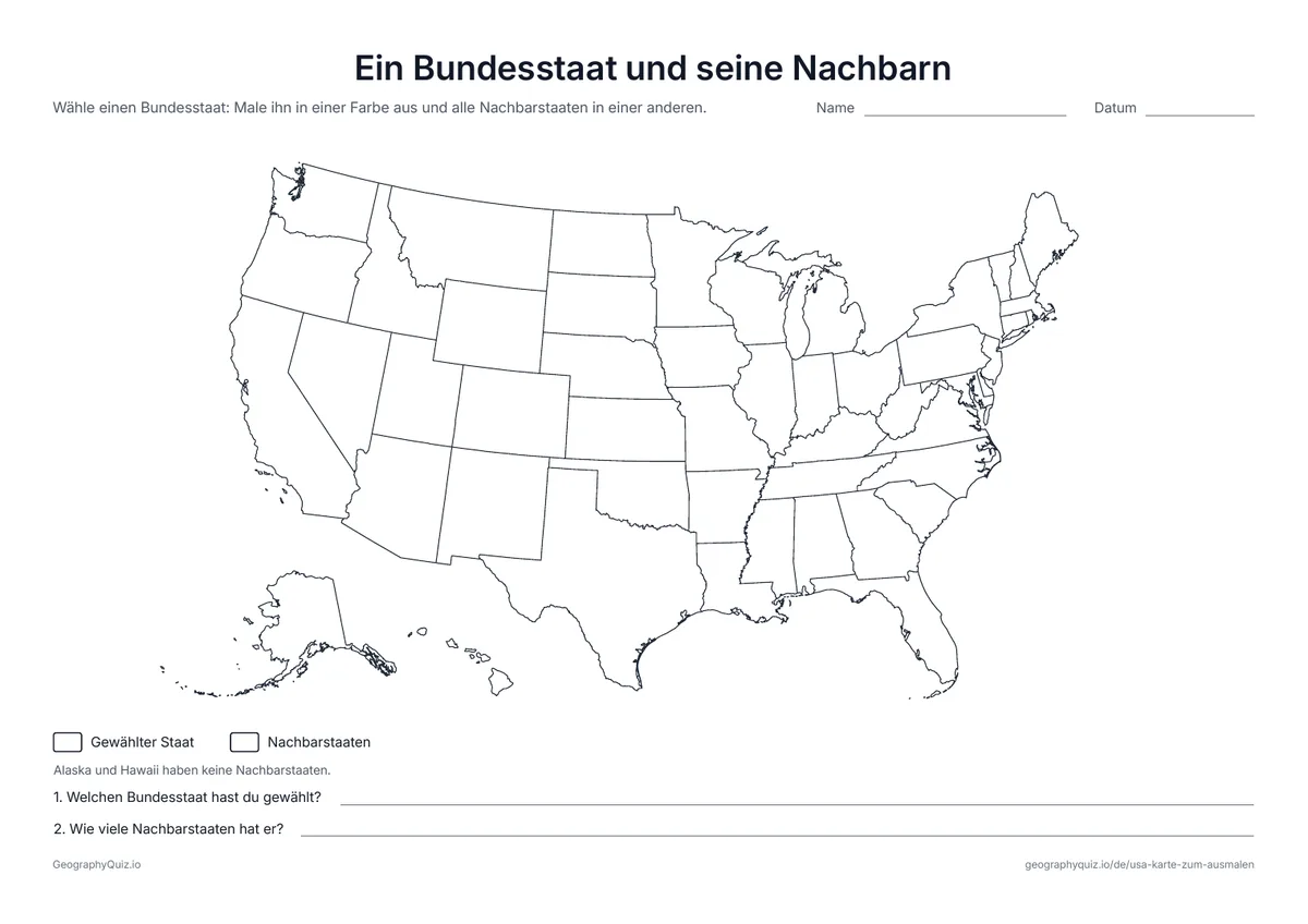 Vorschau des Arbeitsblatts „Ein Bundesstaat und seine Nachbarn“ zum Ausdrucken: Ein Bundesstaat und alle seine Nachbarstaaten werden ausgemalt; dazu gibt es zwei Fragen