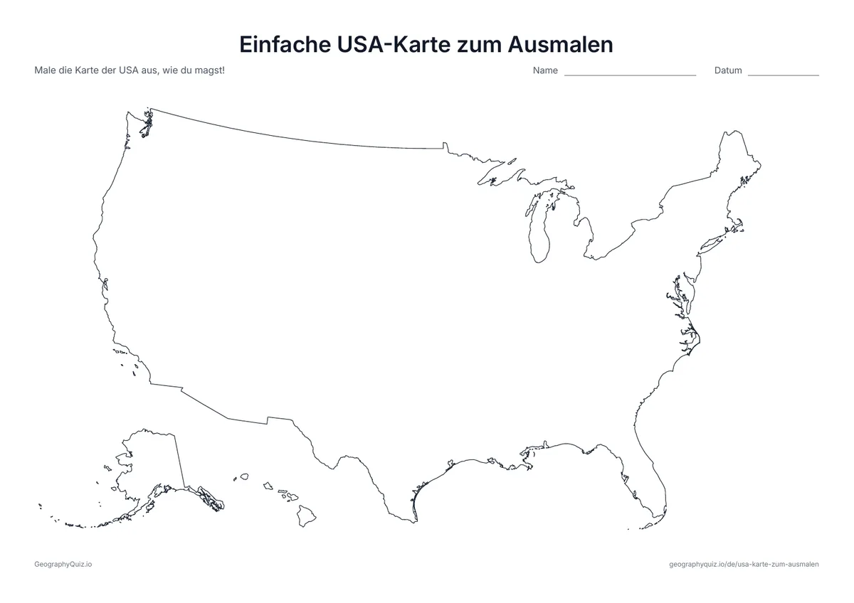 Vorschau des Arbeitsblatts „Einfache USA-Karte zum Ausmalen“ zum Ausdrucken: Der Umriss der USA ohne Grenzen zwischen den Staaten – eine große Form, leicht auszumalen für die Jüngsten