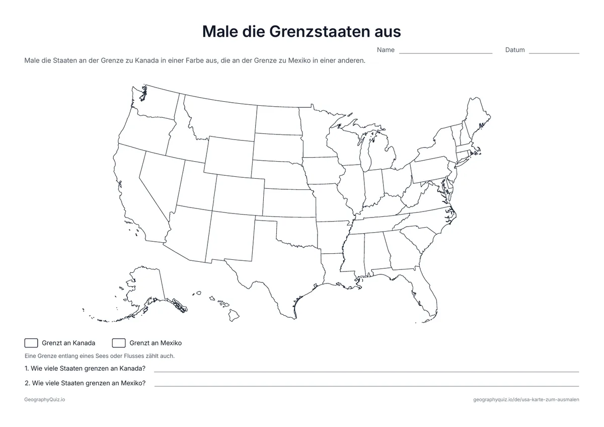 Vorschau des Arbeitsblatts „Male die Grenzstaaten aus“ zum Ausdrucken: Die Staaten an der Grenze zu Kanada und zu Mexiko werden ausgemalt und gezählt