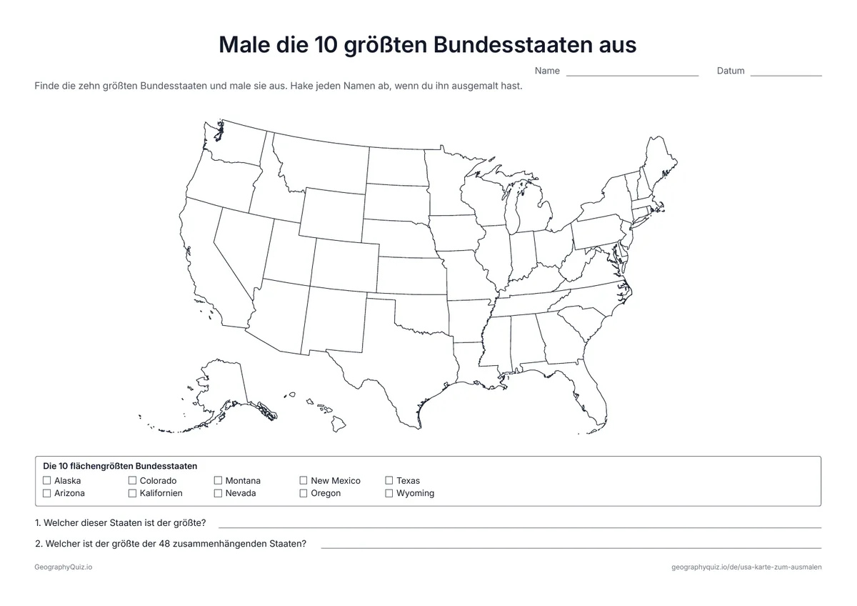 Vorschau des Arbeitsblatts „Male die 10 größten Bundesstaaten aus“ zum Ausdrucken: Eine Liste der zehn flächengrößten Bundesstaaten