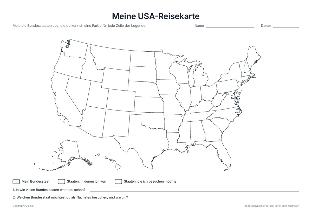 Vorschau des Arbeitsblatts „Meine USA-Reisekarte“ zum Ausdrucken: Male deinen Bundesstaat, die Staaten, in denen du warst, und die, die du besuchen möchtest, aus und beantworte zwei Fragen