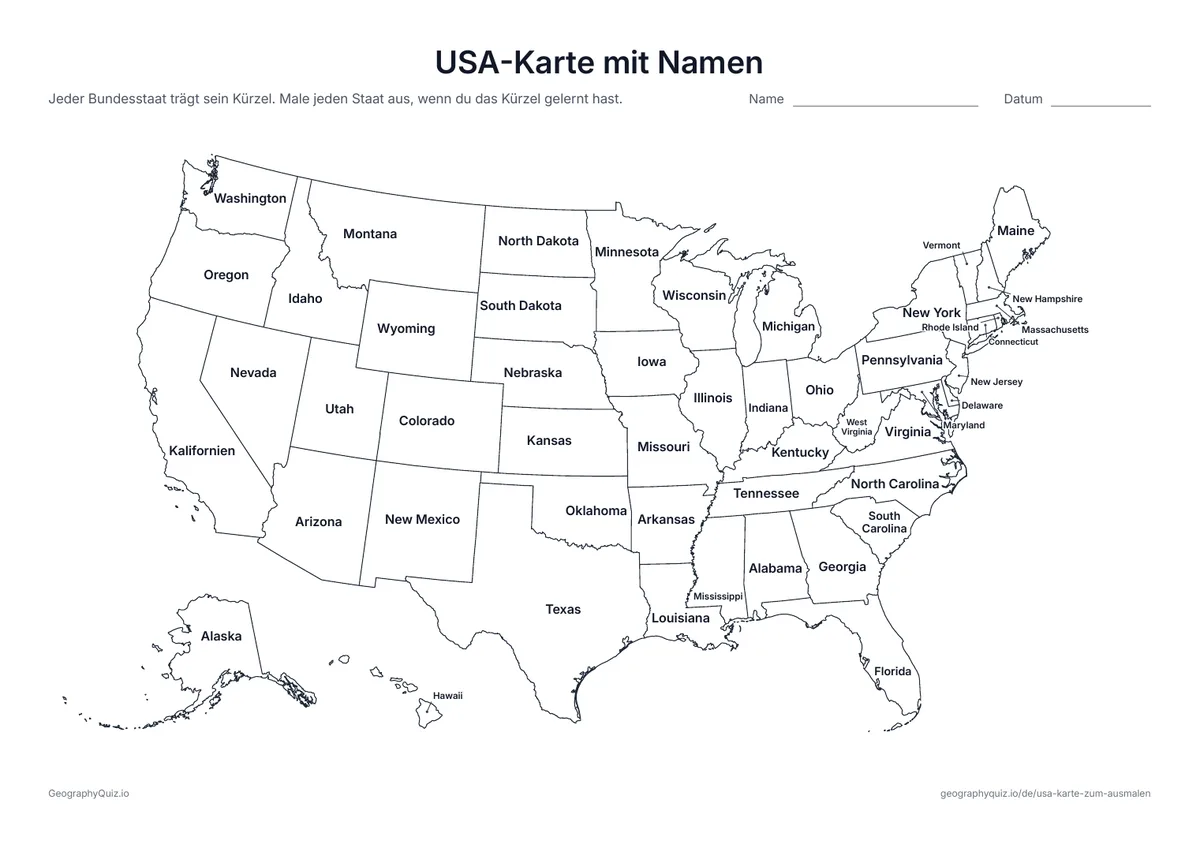 Vorschau des Arbeitsblatts „USA-Karte mit Namen“ zum Ausdrucken: Jeder Bundesstaat ist beschriftet; die kleinen Staaten im Nordosten stehen am Rand