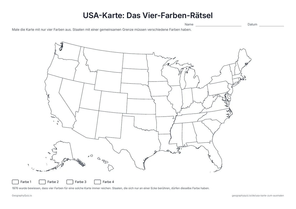 Vorschau des Arbeitsblatts „USA-Karte: Das Vier-Farben-Rätsel“ zum Ausdrucken: Alle 50 Bundesstaaten mit nur vier Farben ausmalen, ohne dass zwei Nachbarn gleich sind – rund um Kentucky und Tennessee schwerer, als es aussieht
