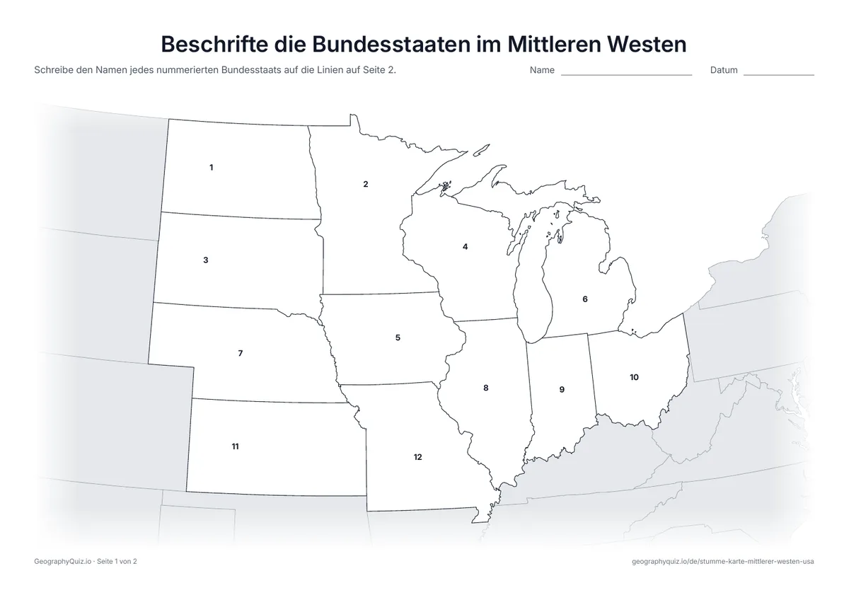 Vorschau des Arbeitsblatts „Beschrifte die Bundesstaaten im Mittleren Westen“ zum Ausdrucken