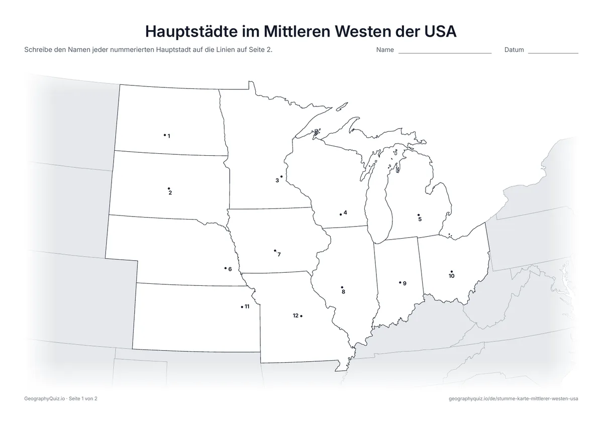 Vorschau des Arbeitsblatts „Hauptstädte im Mittleren Westen der USA“ zum Ausdrucken