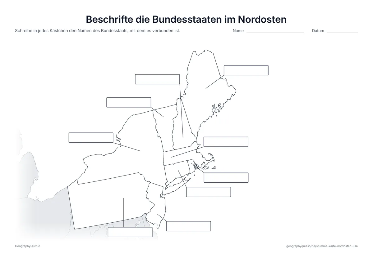 Vorschau des Arbeitsblatts „Beschrifte die Bundesstaaten im Nordosten“ zum Ausdrucken
