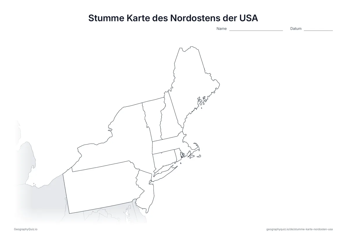 Vorschau des Arbeitsblatts: stumme Karte – Nordosten der USA