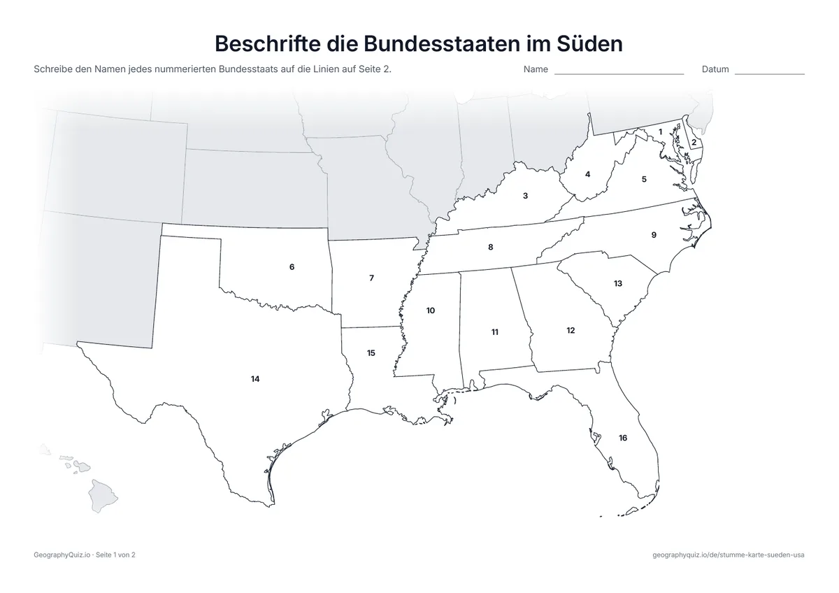 Vorschau des Arbeitsblatts „Beschrifte die Bundesstaaten im Süden“ zum Ausdrucken
