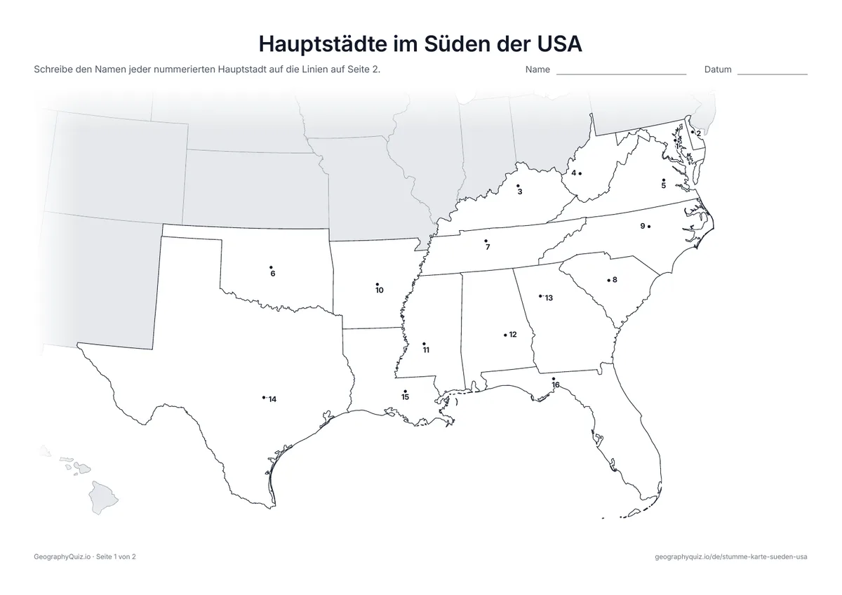 Vorschau des Arbeitsblatts „Hauptstädte im Süden der USA“ zum Ausdrucken