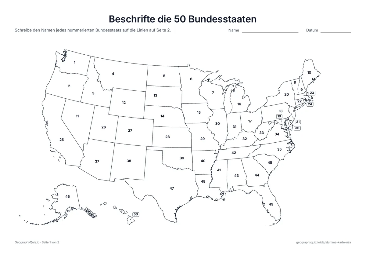 Vorschau des Arbeitsblatts „Beschrifte die 50 Bundesstaaten“ zum Ausdrucken