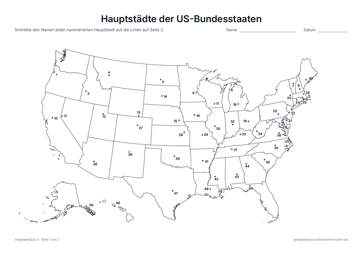 Vorschau des Arbeitsblatts „Hauptstädte der US-Bundesstaaten“ zum Ausdrucken