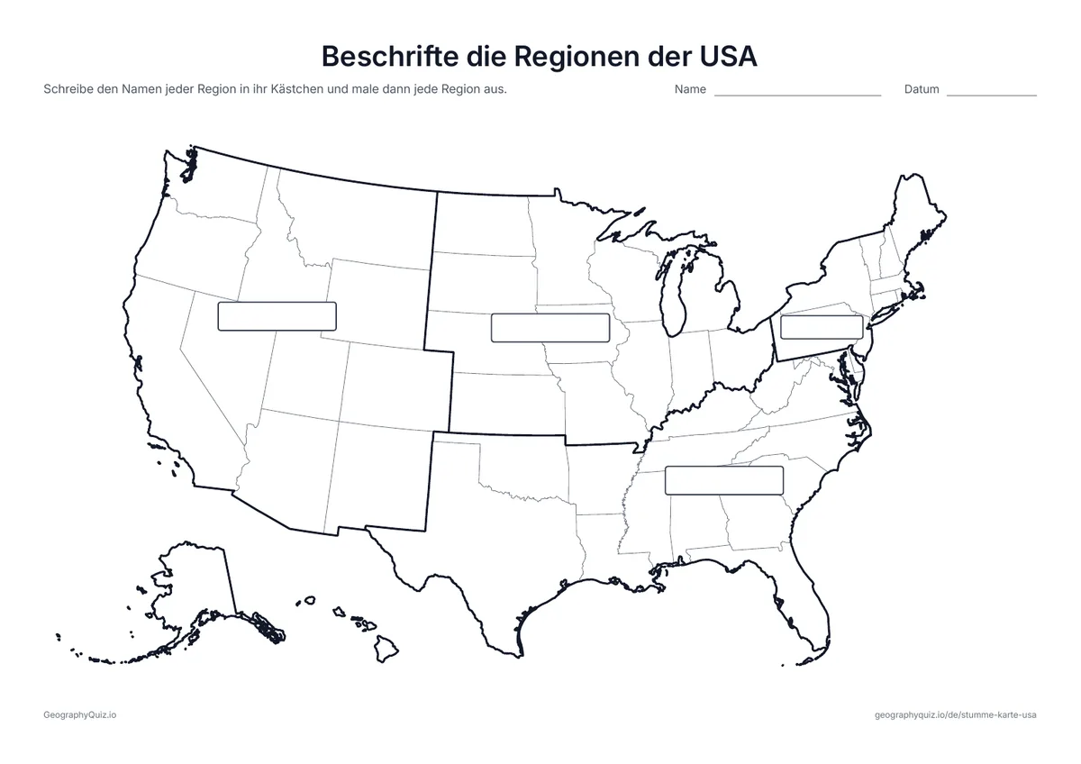 Vorschau des Arbeitsblatts „Beschrifte die Regionen der USA“ zum Ausdrucken