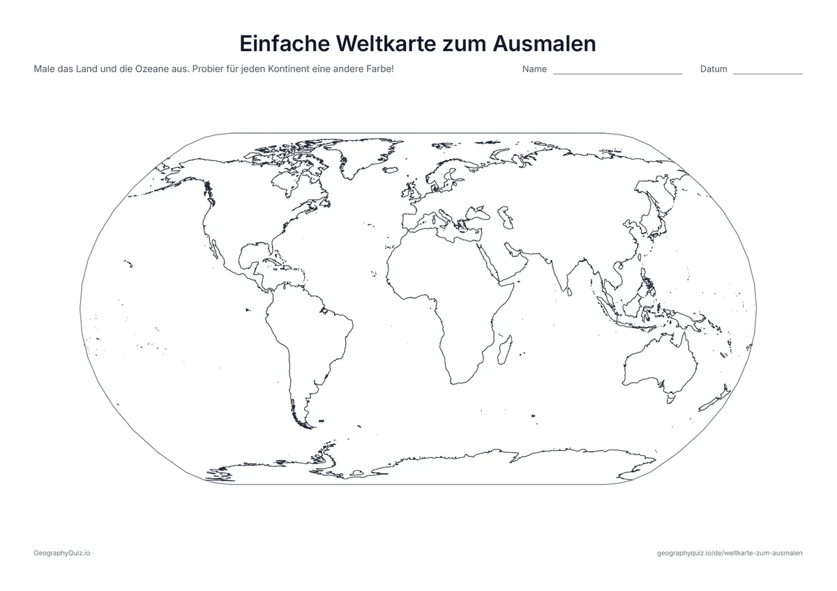Vorschau des Arbeitsblatts „Einfache Weltkarte zum Ausmalen“ zum Ausdrucken: Die Kontinente als große, einfache Formen ohne Ländergrenzen – leicht auszumalen für die Jüngsten