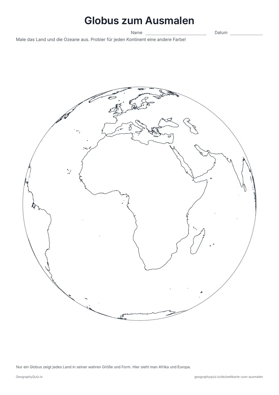Vorschau des Arbeitsblatts „Globus zum Ausmalen“ zum Ausdrucken: Die Erde als runder Globus, mit Afrika und Europa in der Mitte: Das Land wird grün und braun, die Ozeane blau ausgemalt