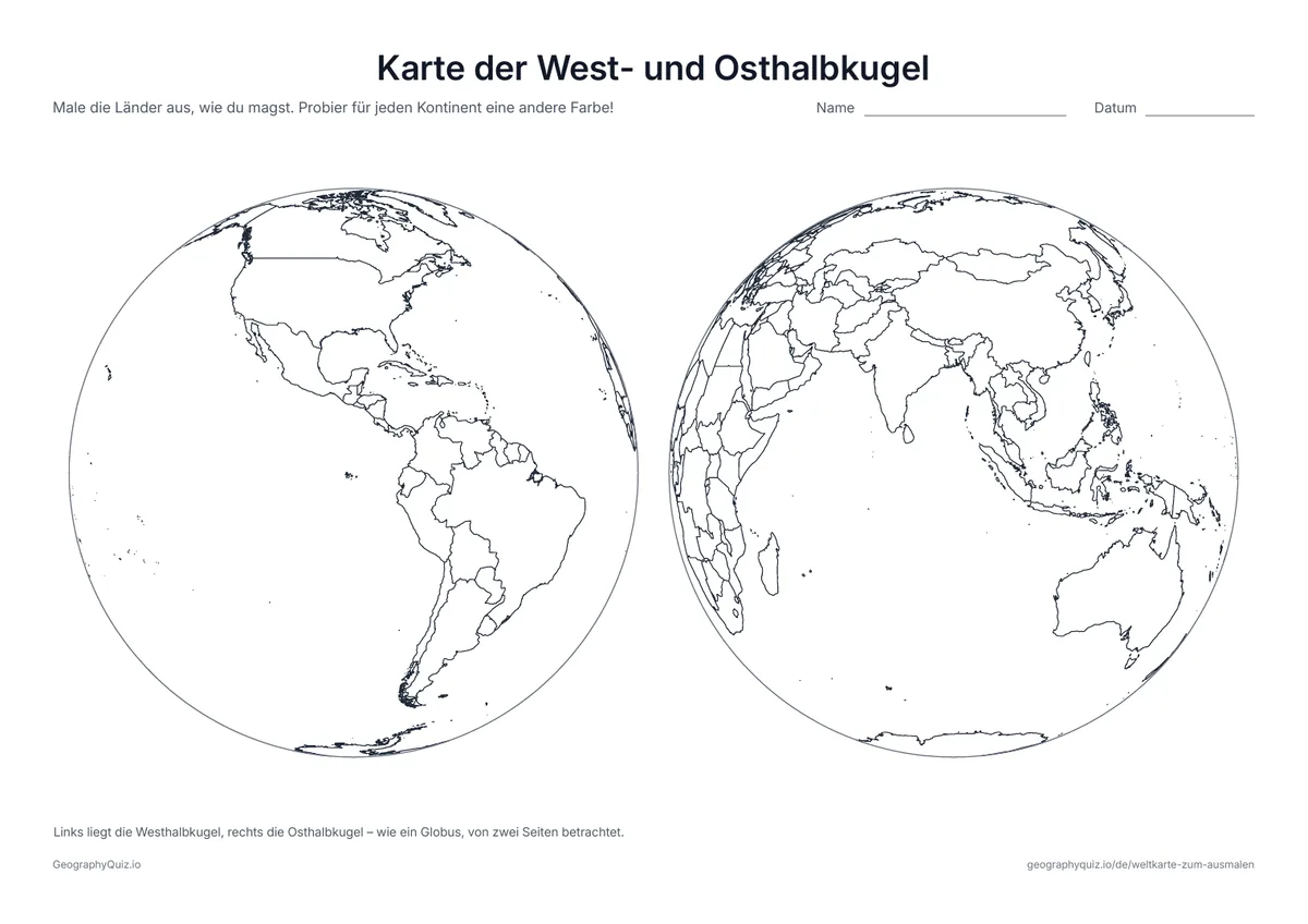 Vorschau des Arbeitsblatts „Karte der West- und Osthalbkugel“ zum Ausdrucken: Zwei Globen nebeneinander: Amerika auf dem einen, Europa, Afrika, Asien und Australien auf dem anderen