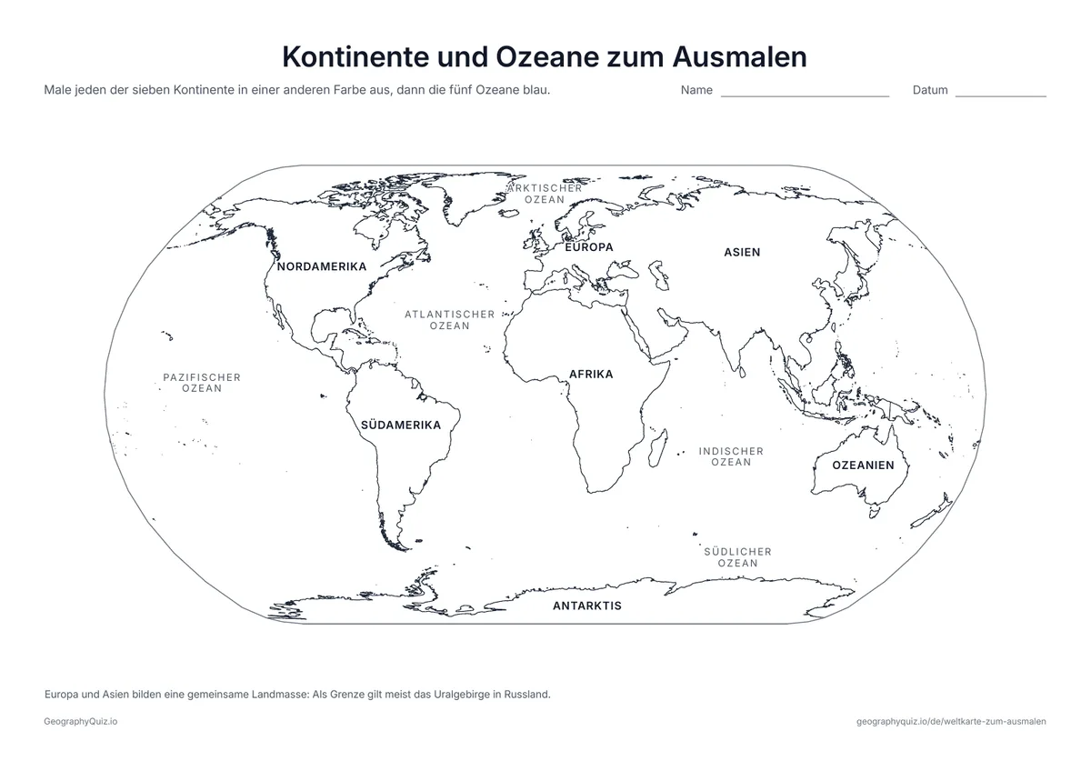 Vorschau des Arbeitsblatts „Kontinente und Ozeane zum Ausmalen“ zum Ausdrucken: Die sieben Kontinente und fünf Ozeane sind auf der Karte beschriftet