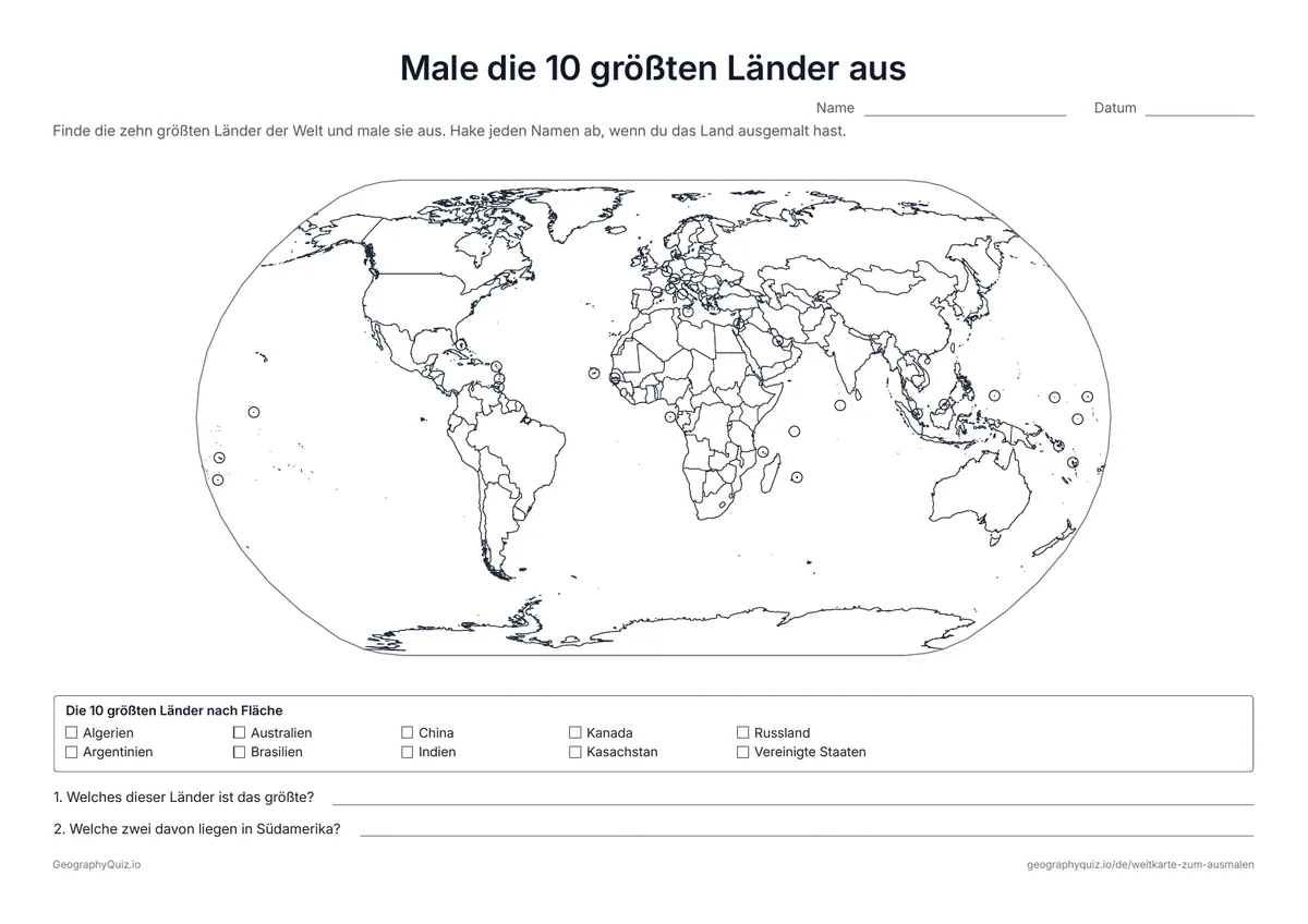 Vorschau des Arbeitsblatts „Male die 10 größten Länder aus“ zum Ausdrucken: Eine Weltkarte mit allen Grenzen und einer Liste der zehn flächengrößten Länder