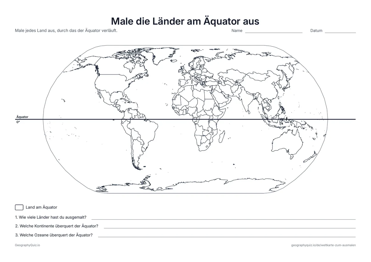 Vorschau des Arbeitsblatts „Male die Länder am Äquator aus“ zum Ausdrucken: Der Äquator ist eingezeichnet