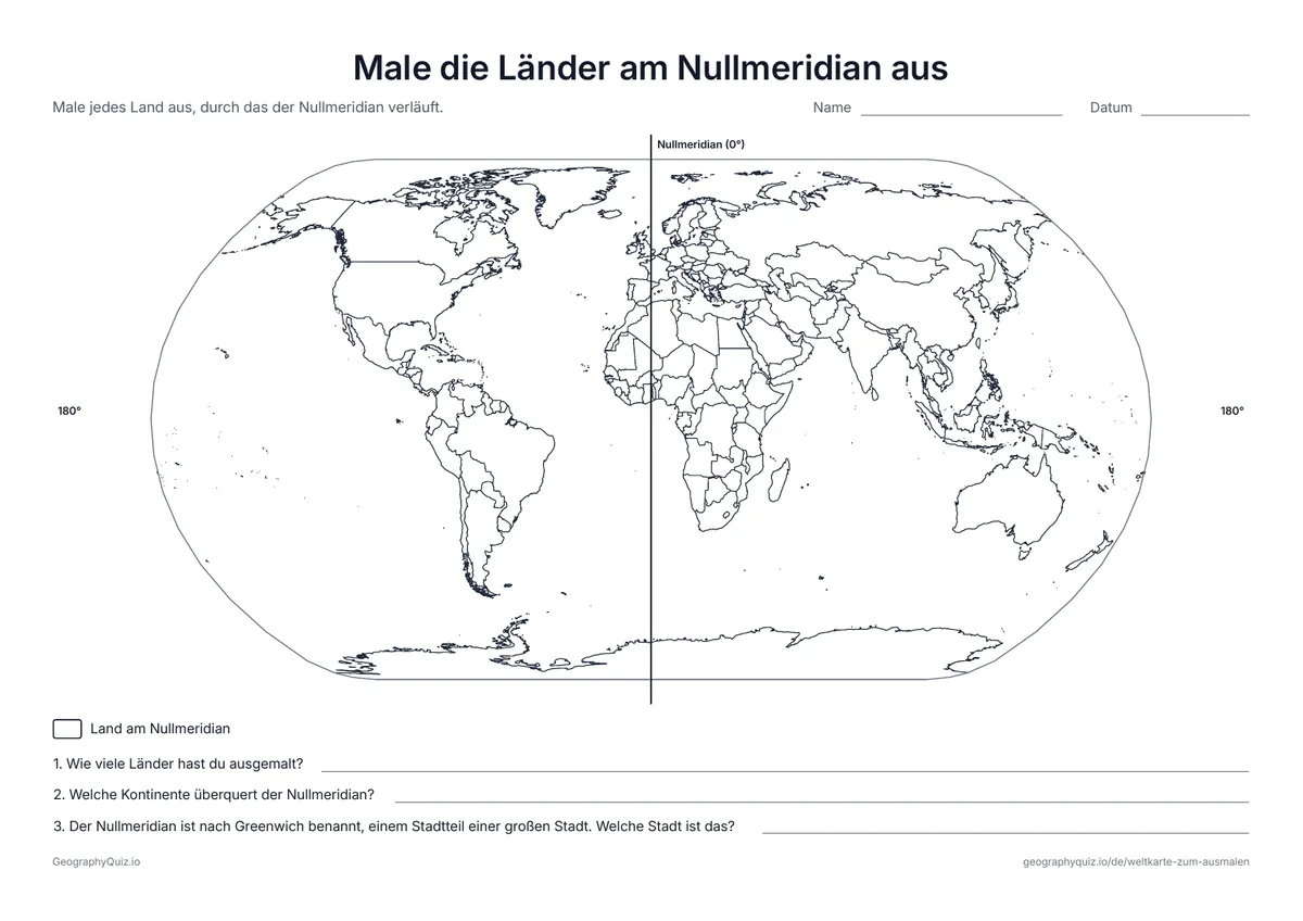 Vorschau des Arbeitsblatts „Male die Länder am Nullmeridian aus“ zum Ausdrucken: Der Nullmeridian verläuft von Pol zu Pol über die Karte
