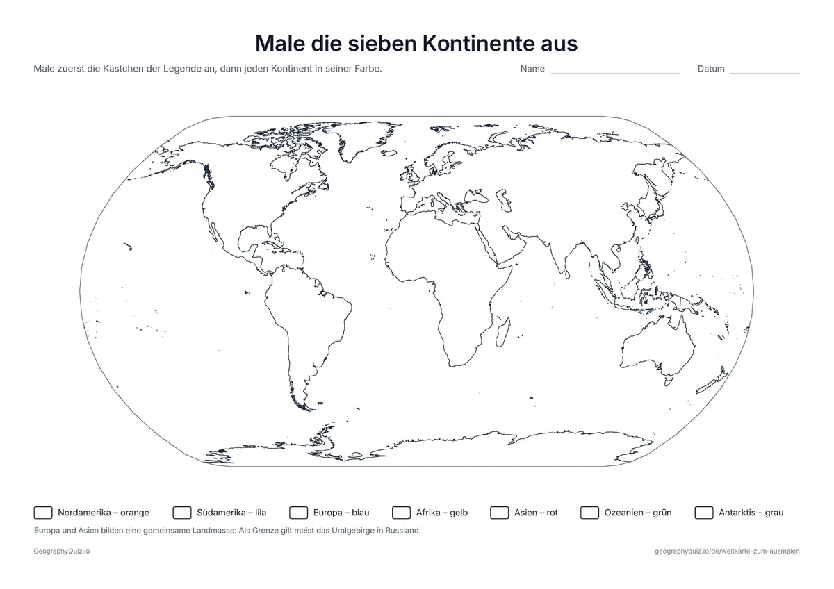 Vorschau des Arbeitsblatts „Male die sieben Kontinente aus“ zum Ausdrucken: Eine Karte der sieben Kontinente mit Farblegende: Erst wird die Legende ausgemalt, dann jeder Kontinent