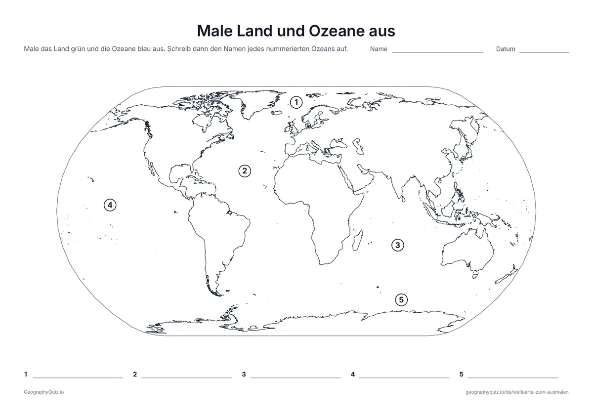 Vorschau des Arbeitsblatts „Male Land und Ozeane aus“ zum Ausdrucken: Male das Land grün und das Wasser blau aus und schreib den Namen jedes nummerierten Ozeans auf