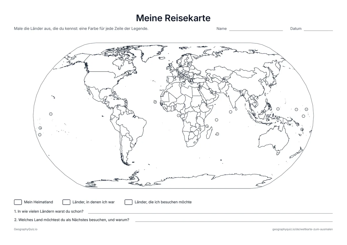 Vorschau des Arbeitsblatts „Meine Reisekarte“ zum Ausdrucken: Male dein Heimatland, die Länder, in denen du warst, und die, die du besuchen möchtest, aus und beantworte zwei Fragen
