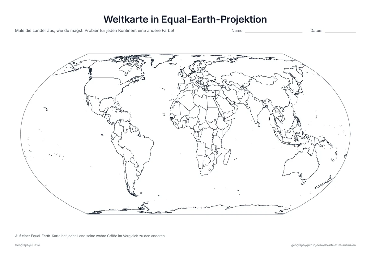 Vorschau des Arbeitsblatts „Weltkarte in Equal-Earth-Projektion“ zum Ausdrucken: Die Equal-Earth-Projektion zeigt jedes Land in seiner wahren Größe im Vergleich zu den anderen