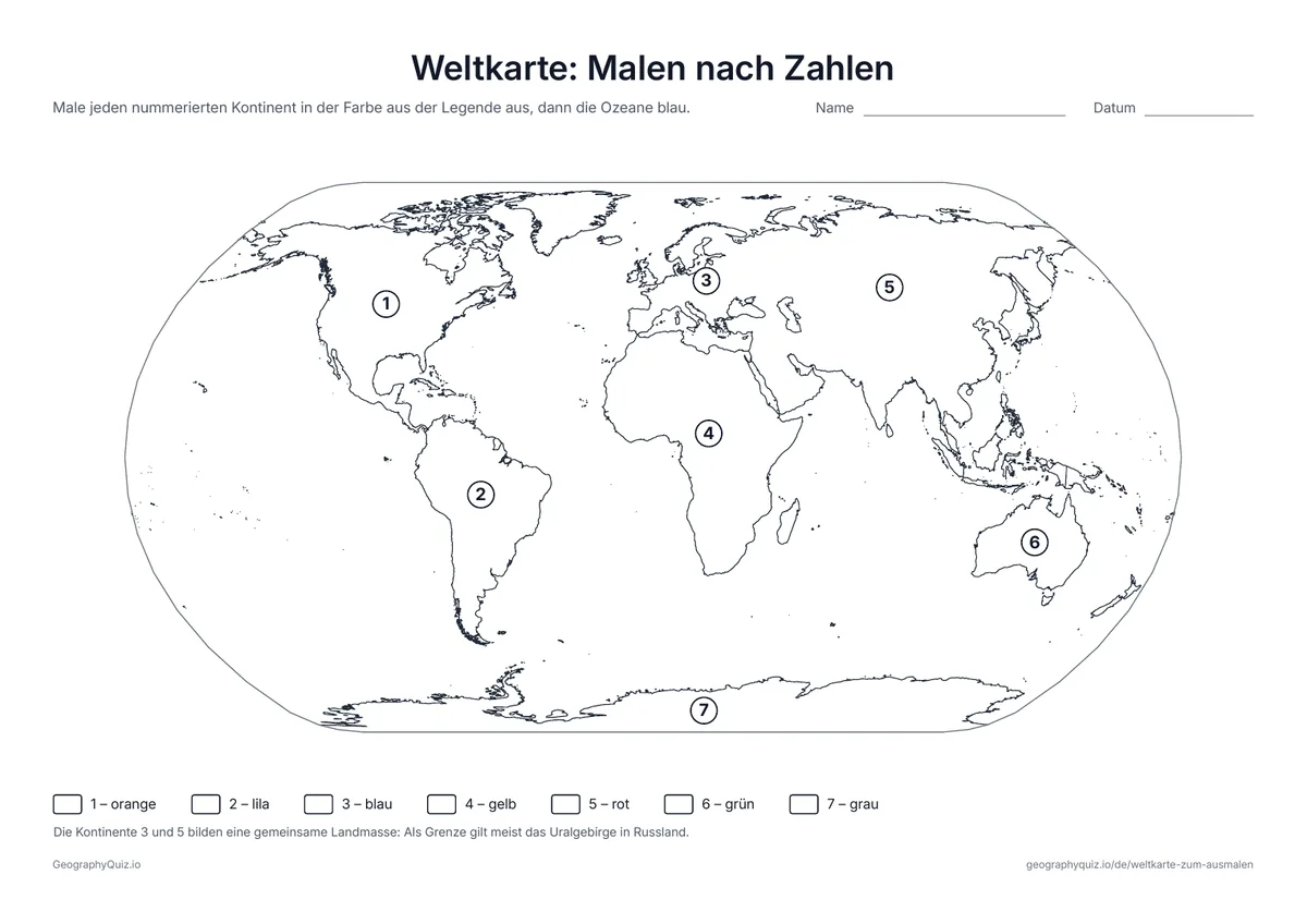 Vorschau des Arbeitsblatts „Weltkarte: Malen nach Zahlen“ zum Ausdrucken: Jeder Kontinent trägt eine Zahl von 1 bis 7 und wird in der passenden Farbe aus der Legende ausgemalt