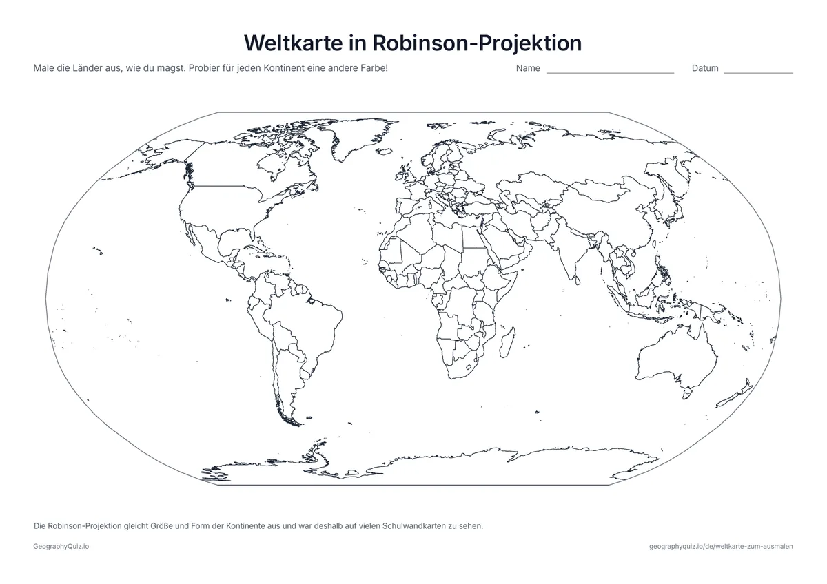 Vorschau des Arbeitsblatts „Weltkarte in Robinson-Projektion“ zum Ausdrucken: Die Welt in der Robinson-Projektion, beliebt für Schulwandkarten, weil sie Größe und Form der Kontinente ausgleicht