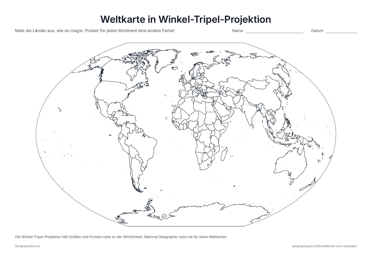 Vorschau des Arbeitsblatts „Weltkarte in Winkel-Tripel-Projektion“ zum Ausdrucken: Die Welt in der Winkel-Tripel-Projektion, die National Geographic für seine Weltkarten nutzt