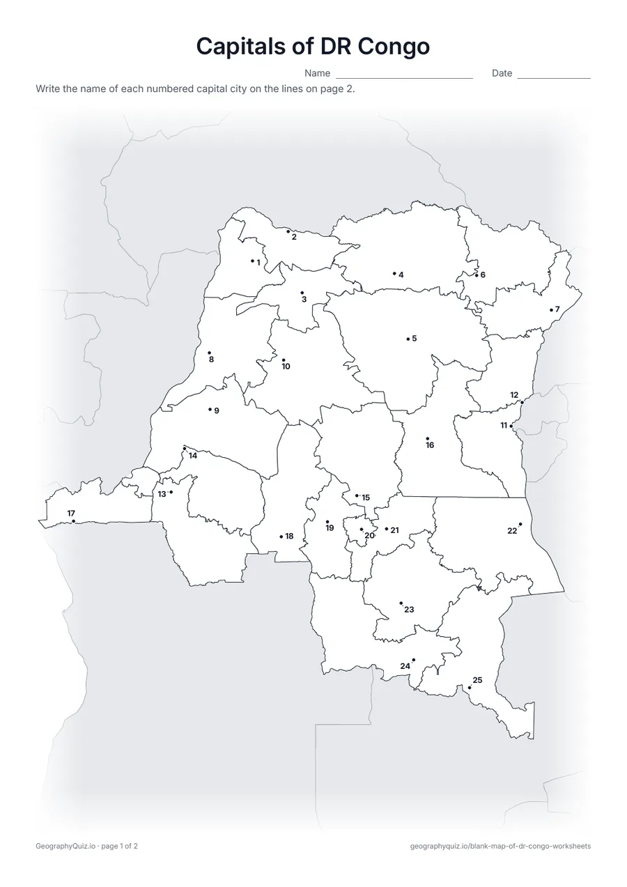 Preview of the printable capitals of dr congo worksheet