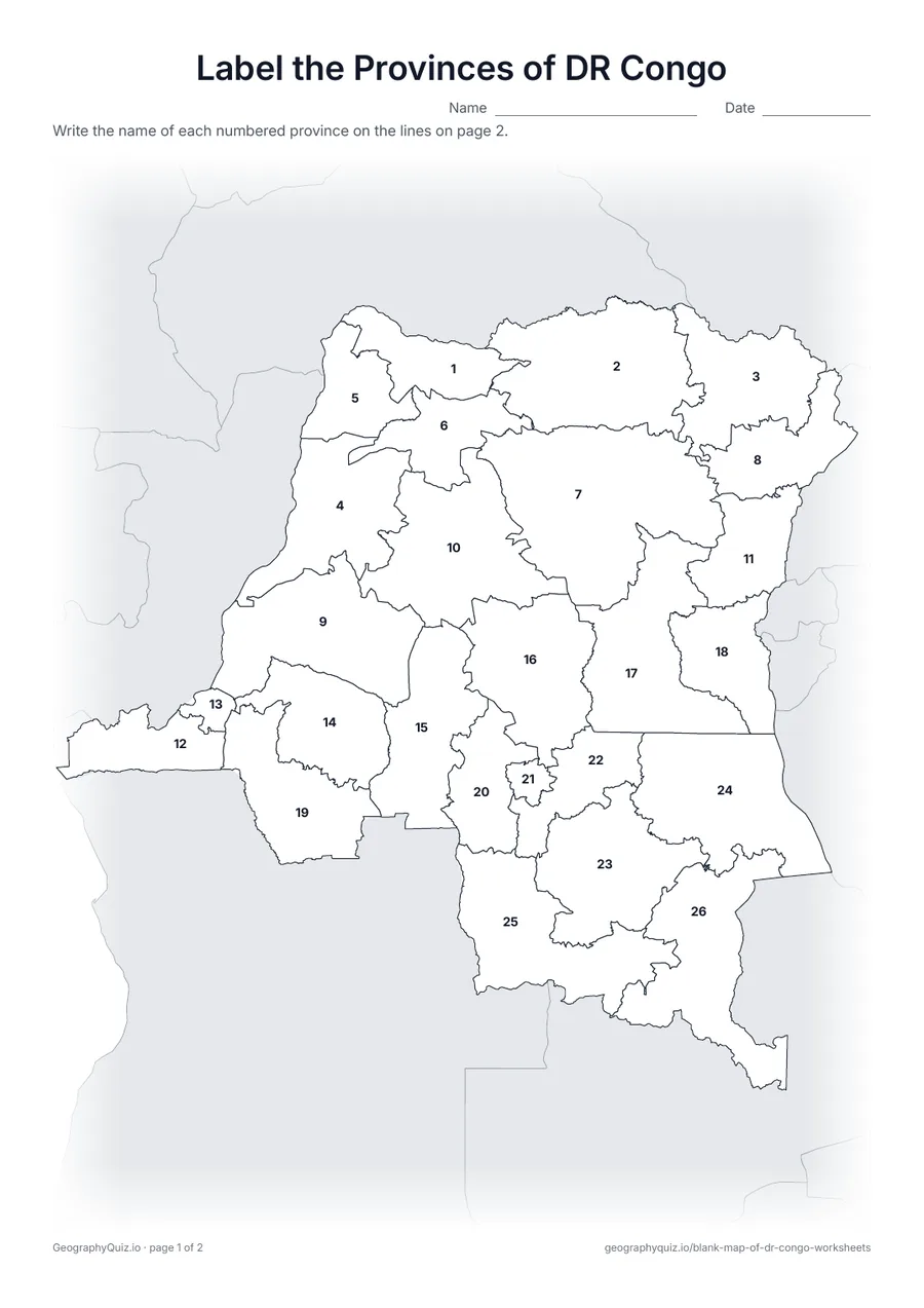 Preview of the printable label the provinces of dr congo worksheet
