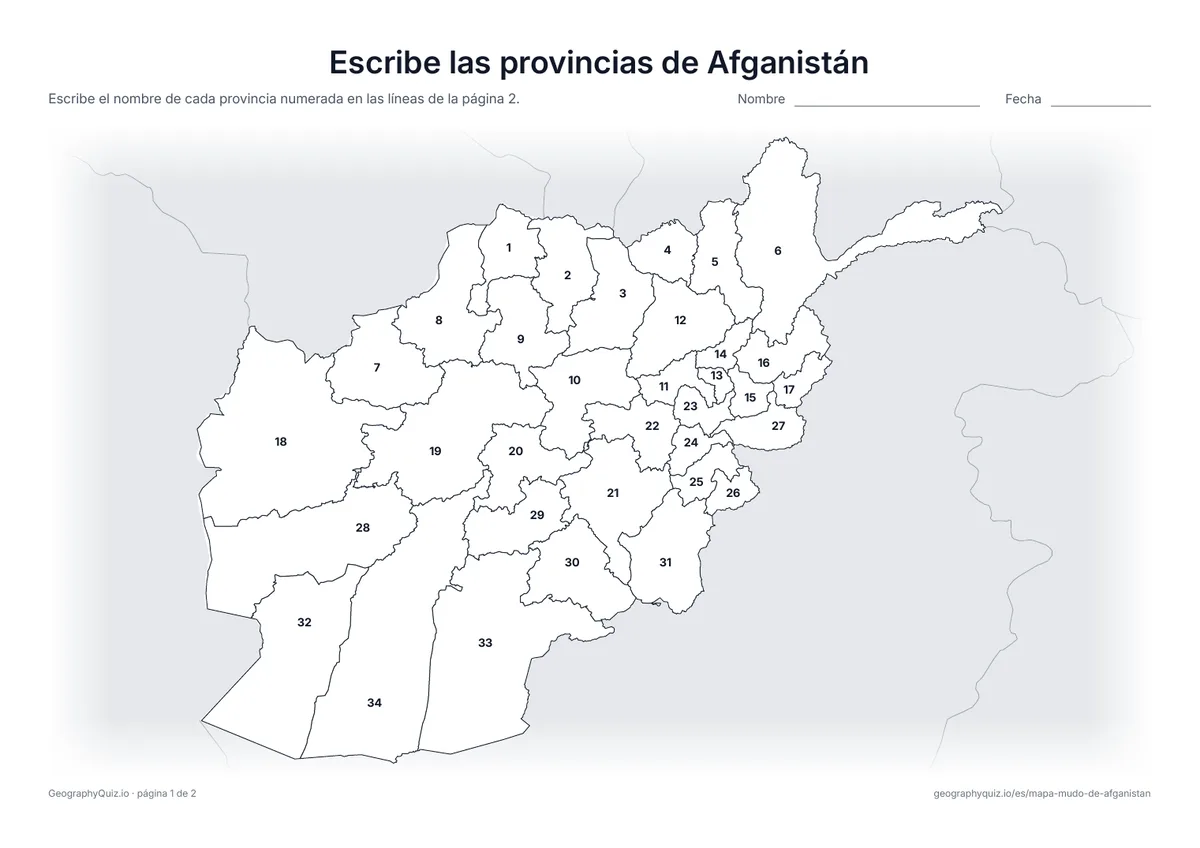 Vista previa de la ficha para imprimir «Escribe las provincias de Afganistán»