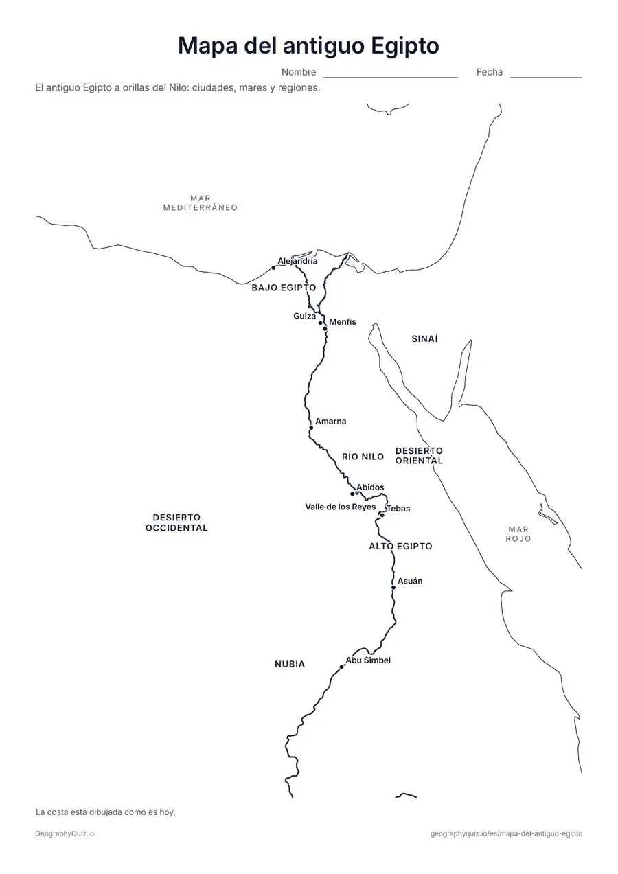 Vista previa de la ficha para imprimir «Mapa del antiguo Egipto»: Alejandría, Guiza, Menfis, Tebas, el Valle de los Reyes, Abu Simbel y más, con los mares, el Nilo y el Alto y el Bajo Egipto