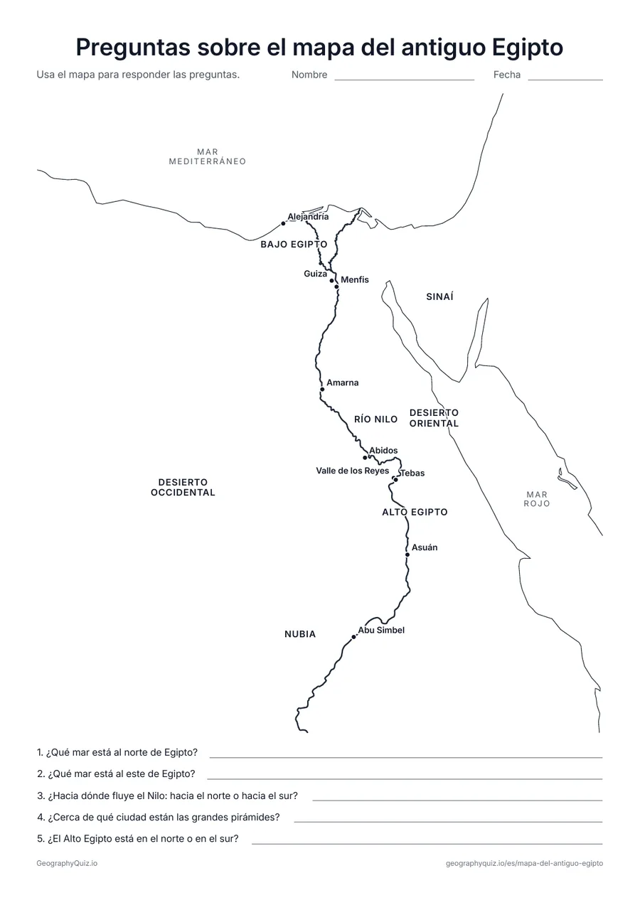 Vista previa de la ficha para imprimir «Preguntas sobre el mapa del antiguo Egipto»: Un mapa con nombres y cinco preguntas sobre los mares, el Nilo, las pirámides y el Alto y el Bajo Egipto