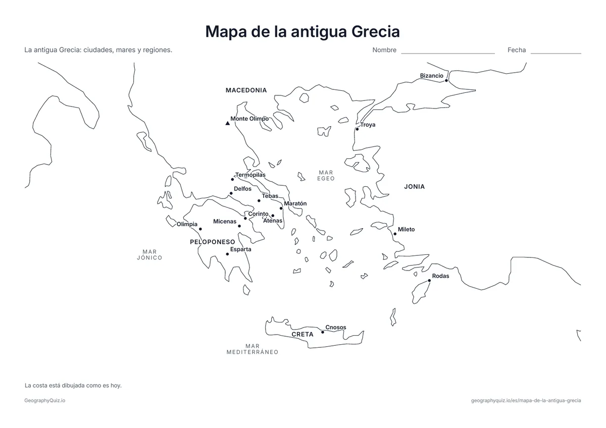 Vista previa de la ficha para imprimir «Mapa de la antigua Grecia»: Atenas, Esparta, Maratón, Delfos, Olimpia, Cnosos, Troya y otros lugares, con el monte Olimpo, los mares y las regiones