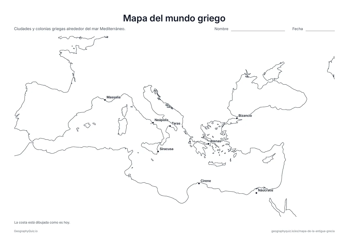Vista previa de la ficha para imprimir «Mapa del mundo griego»: Ciudades y colonias griegas alrededor del Mediterráneo, de Massalia en el oeste a Bizancio en el este