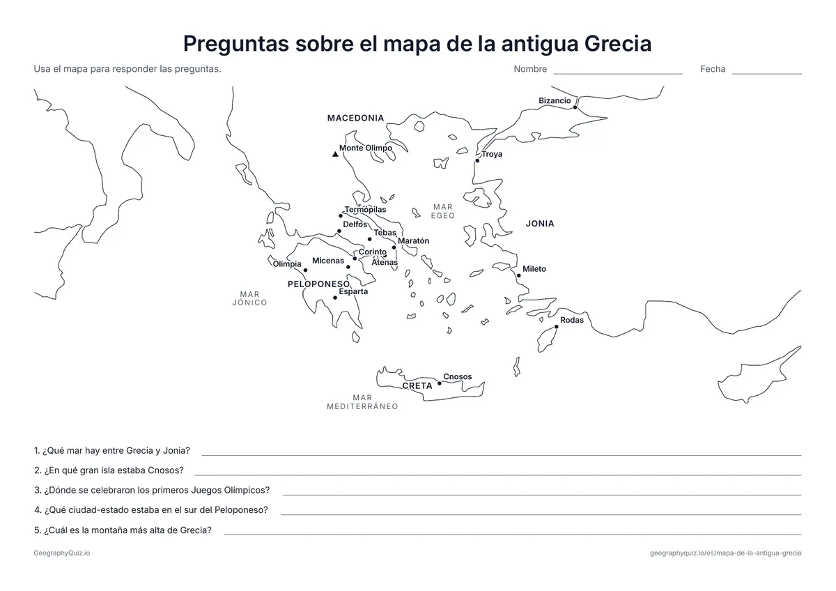 Vista previa de la ficha para imprimir «Preguntas sobre el mapa de la antigua Grecia»: Un mapa con nombres y cinco preguntas sobre los Juegos Olímpicos, Esparta, Cnosos, el Olimpo y el mar Egeo